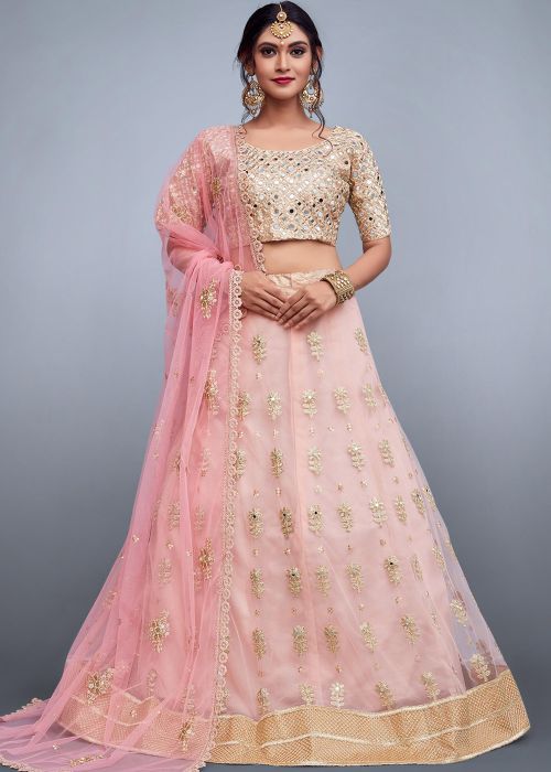 Mirror Work Lehenga - Buy Net Embroidered Baby Pink Lehenga Choli Online USA