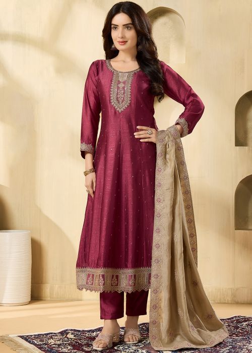 Wine Georgette Anarkali Suit With Zari Embroidery