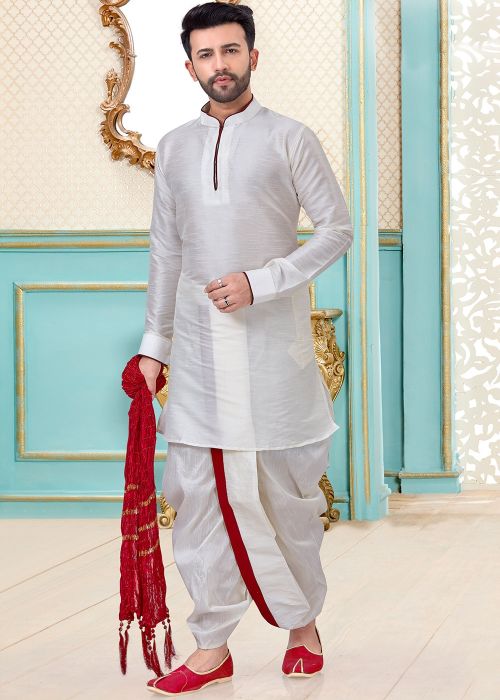 White Dupion Silk Readymade Kurta With Dhoti
