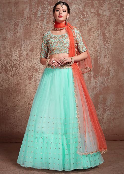 Buy Sequins Embellished Turquoise Lehenga Choli Online for Women USA