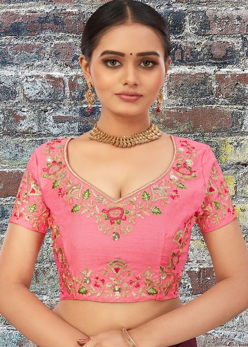 Pink Embroidered Blouse In Art Silk