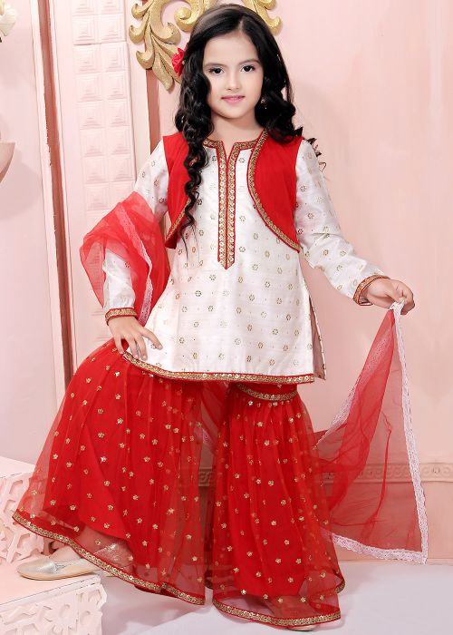 White Printed Jacket Style Readymade Kids Gharara Suit