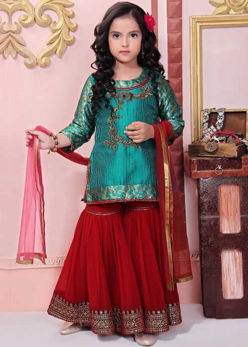 Green Embroidered Kids Readymade Gharara Suit
