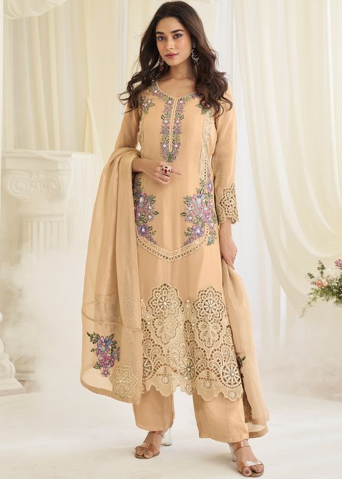 Beige Shimmer Palazzo Suit With Floral Work
