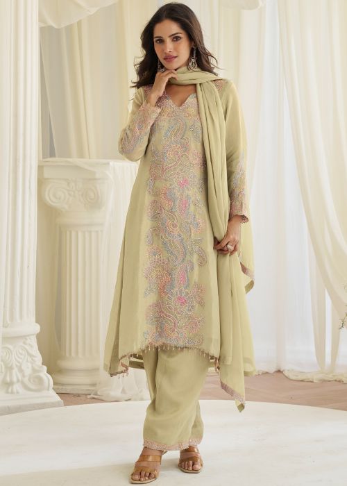 Green Shimmer Palazzo Suit With Pastel Embroidery