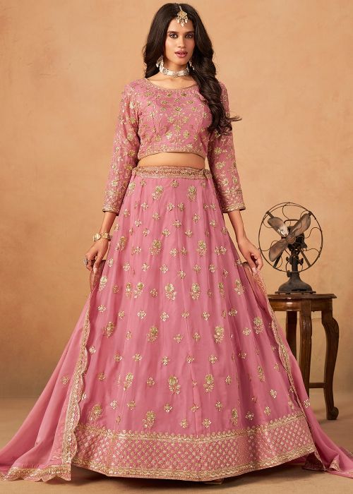 Dusty Pink Organza Lehenga Choli With Zari Sequins