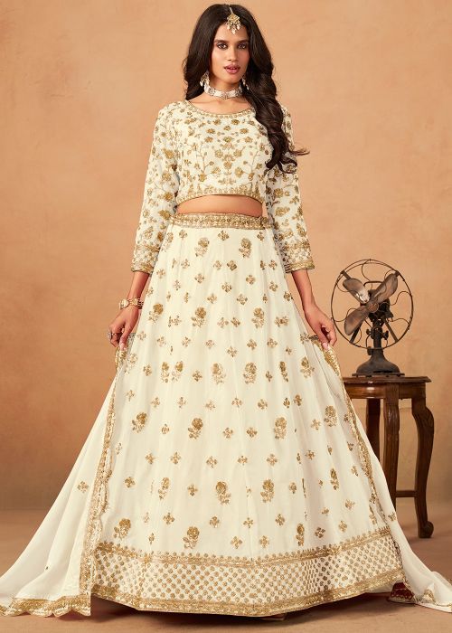 White Organza Lehenga Choli With Golden Zari Work