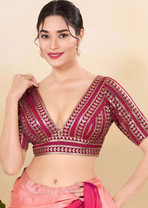 Pink Embroidered Blouse In Art Silk