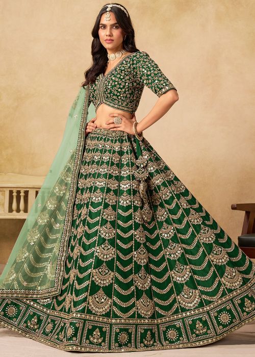 Emerald Green Art Silk Lehenga With Net Dupatta