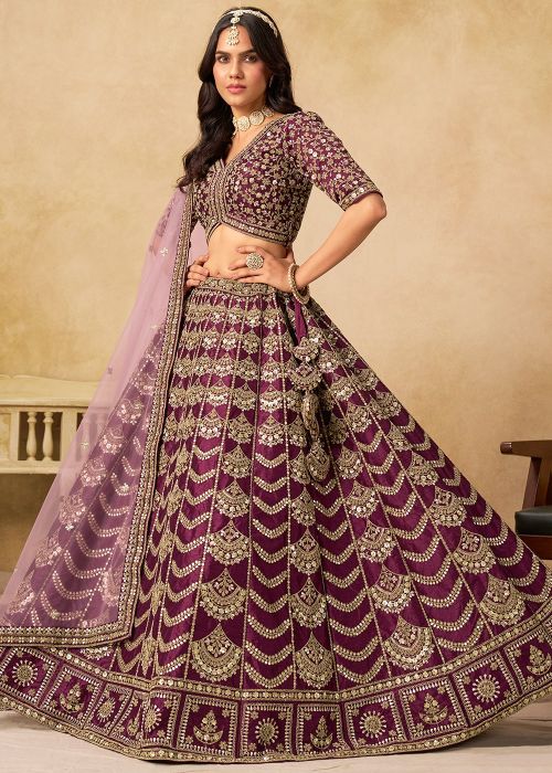 Wine Art Silk Lehenga With Lavender Net Dupatta