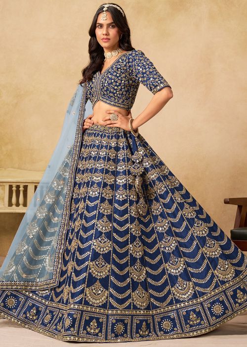 Navy Blue Art Silk Lehenga With Sky Blue Net Dupatta