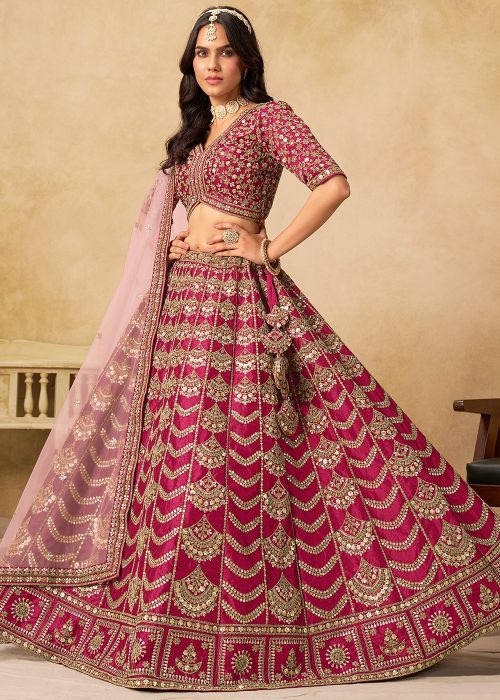 Rani Pink Art Silk Lehenga With Pink Net Dupatta
