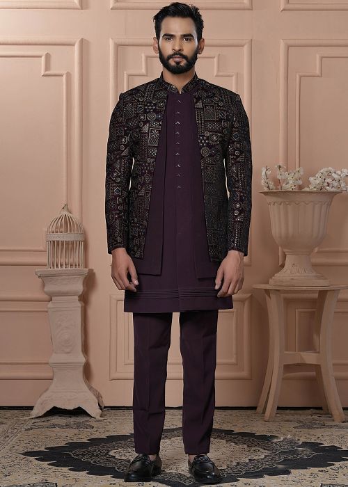 Wine Embroidered Indo Western Sherwani