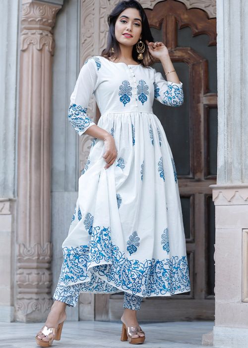 White Readymade Block Printed Kurta Pant Set