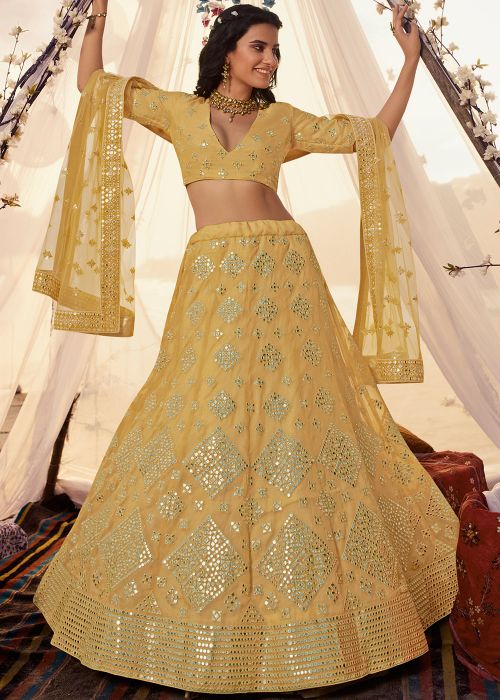 Yellow Organza Silk Embroidered Lehenga Choli