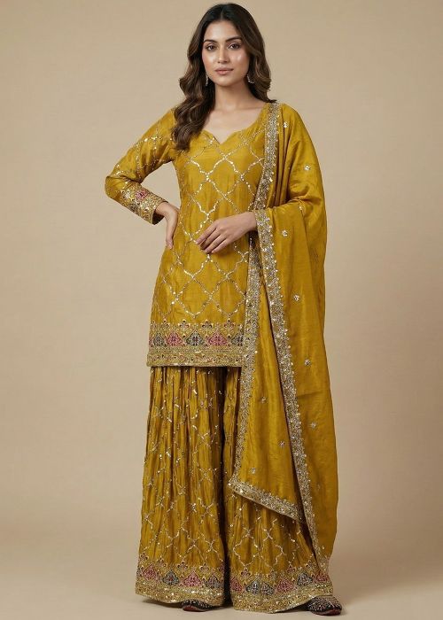 Readymade Yellow Chiffon Embroidered Sharara Suit