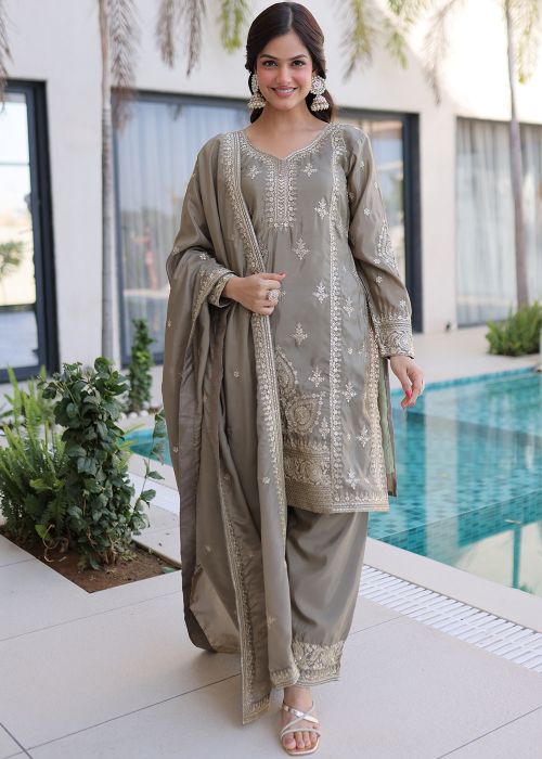 Grey Organza Palazzo Suit With Sequin Embroidery