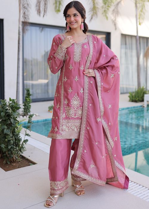 Pink Organza Palazzo Suit With Embroidered Detail