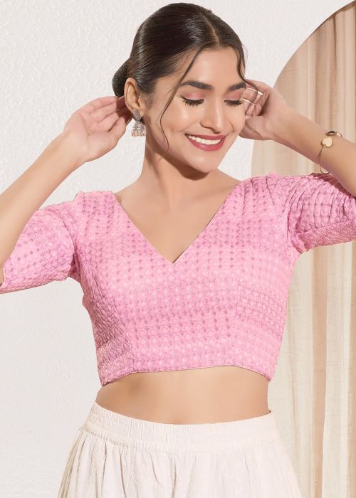 Pink Embroidered Blouse In Satin