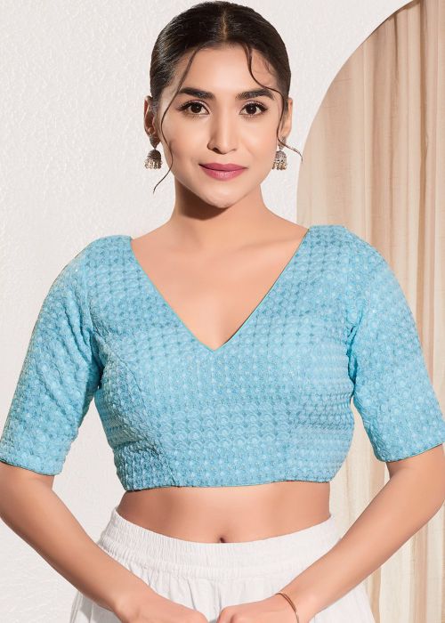 Blue Embroidered Blouse In Satin