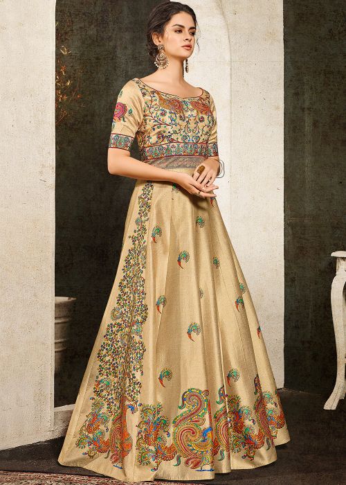 Beige Art Silk Digital Print Indo Western Gown