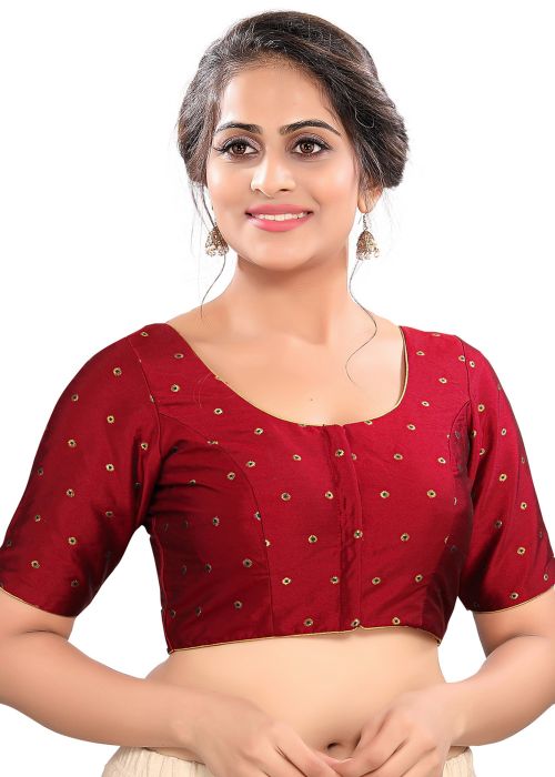 Red Art Silk Blouse In Woven Work