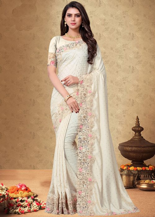 Cream Art Silk Embroidered Heavy Border Indian Saree Online Shopping USA