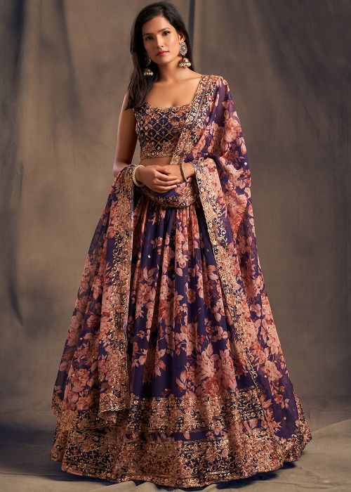 Purple Organza Lehenga Choli With Dupatta