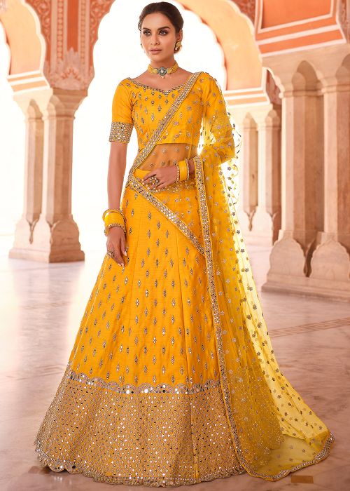 Yellow Mirror Embellished Lehenga Choli In Art Silk