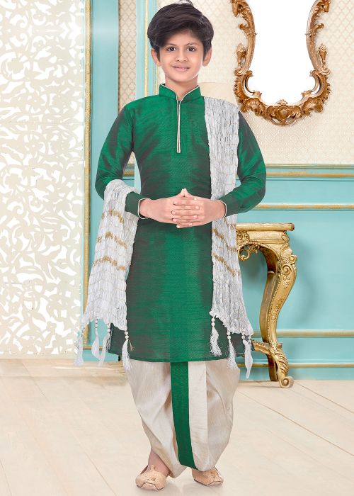 Green Dupion Silk Straight Cut Kids Kurta With Dhoti