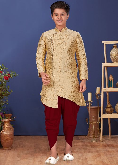 Light Beige Readymade Kids Asymmetric Sherwani Set