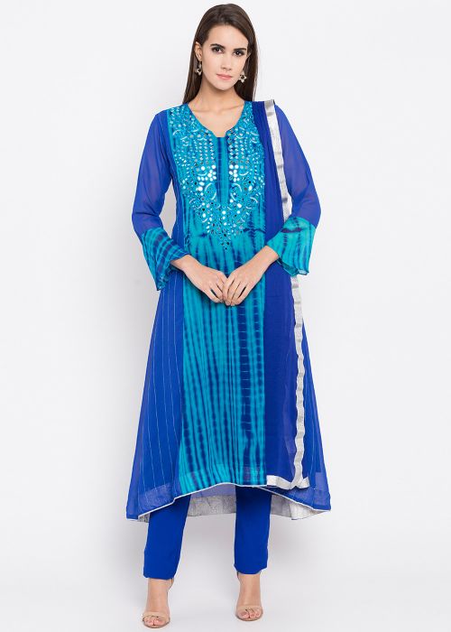 Blue Mirror Embellished Georgette Pant Suit 
