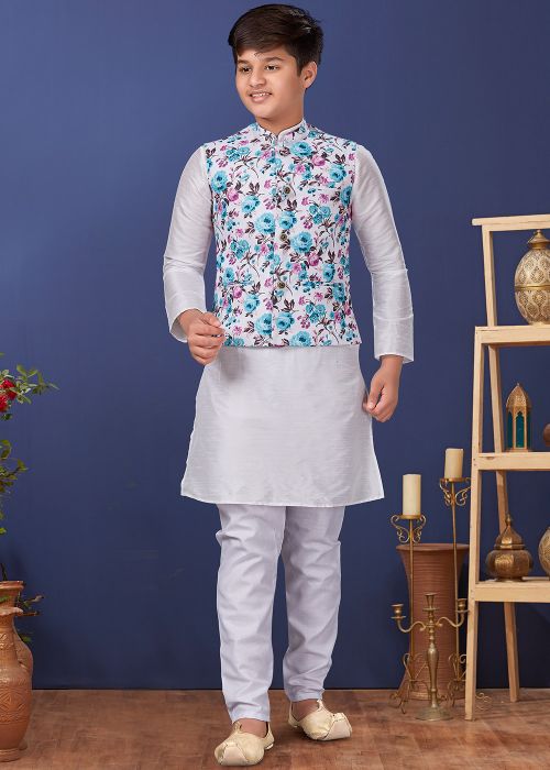 Off White Kids Kurta Set With Digital Printed Jacket