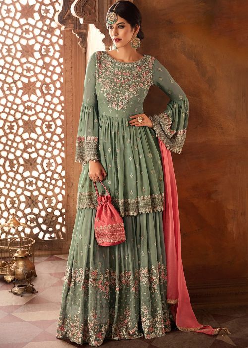 Green Embroidered Bell Sleeved Sharara Salwar Kameez