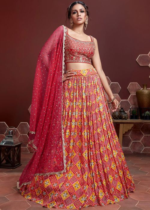 Red Printed Bridesmaid Lehenga Choli & Dupatta