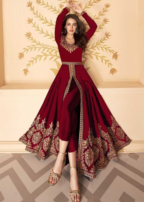 Maroon Embroidered Front Slit Pant Salwar Suit With Dupatta