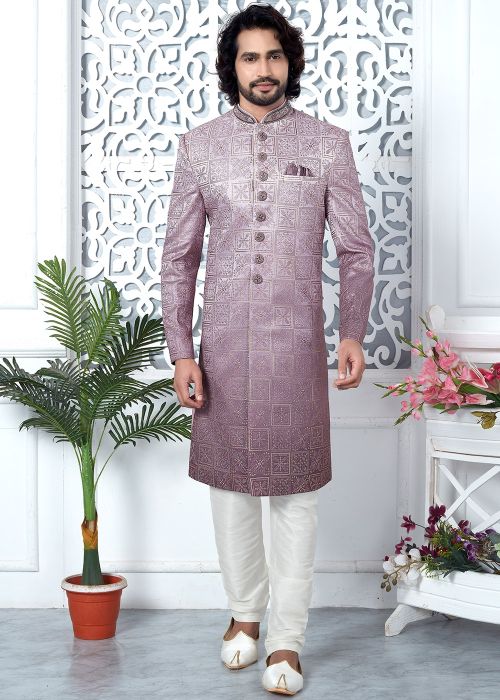 Mauve Pink Readymade Embroidered Indowestern Sherwani In Art Silk 