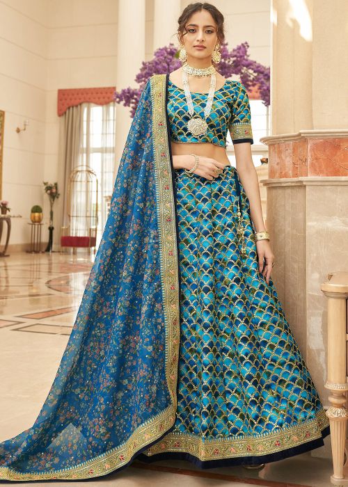 Blue Embroidered Lehenga Choli In Art Silk