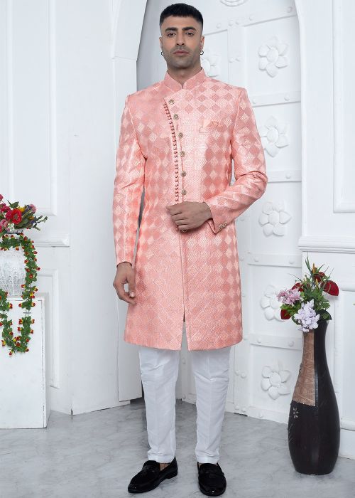 Peach Readymade Embroidered Art Silk Men Indowestern Sherwani Set