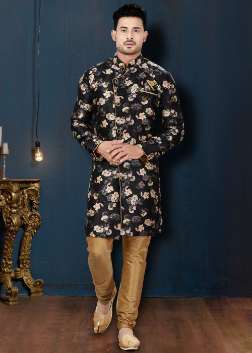 Black Art Silk Indo Western Sherwani