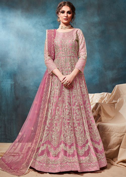 Pink Net Embroidered Anarkali Salwar Kameez