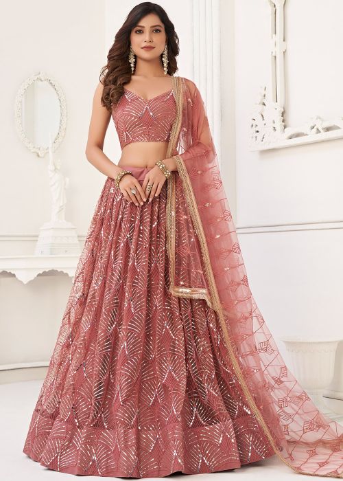 Indian Lehenga: Dusty Pink Net Lehenga Choli In Sequins Embroidery 