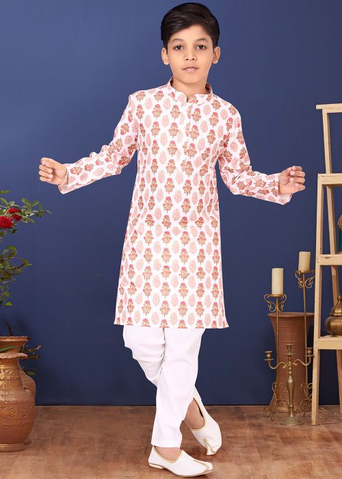 Readymade White Kids Floral Kurta Pajama