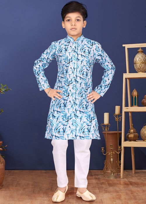 White Digital Printed Readymade Kurta Churidaar
