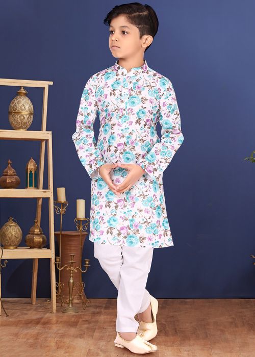 White Floral Kids Readymade Kurta Pyjama