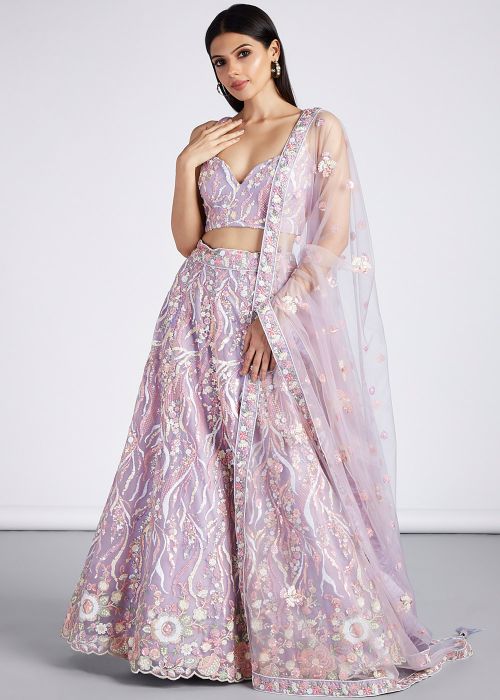 Lavender Purple Embroidered Lehenga Choli In Net