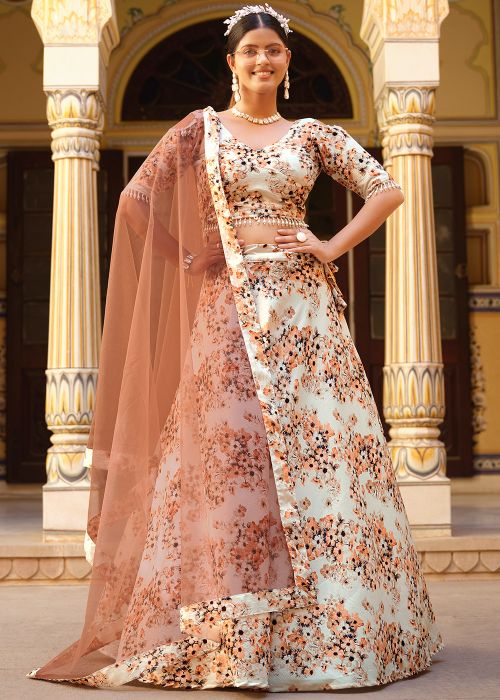 White Silk Lehenga Choli In Floral Print