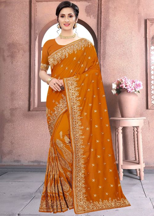 Orange Zari Embroidered Silk Saree For Festive Wear