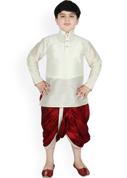 Readymade Kids Dupion Silk Dhoti Kurta In White