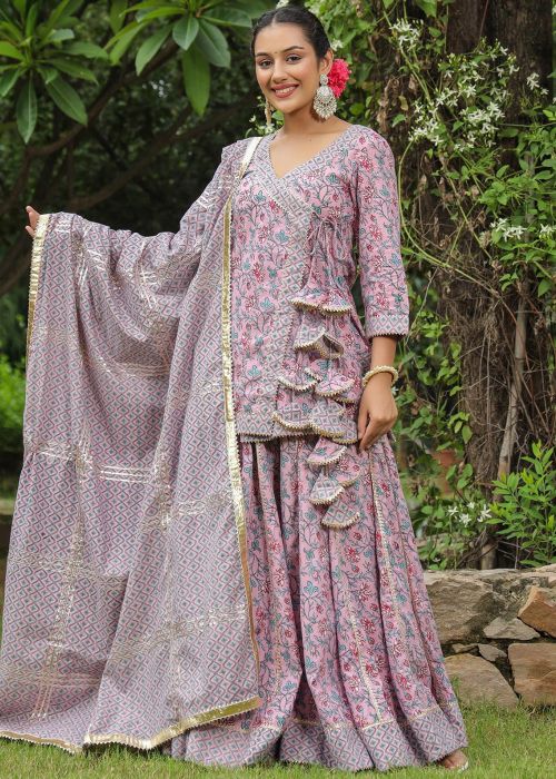 Blossom Pink Hand Block Printed Kurti Style Lehenga